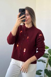 Bisiklet Yaka Pul Desen Bordo Hırka