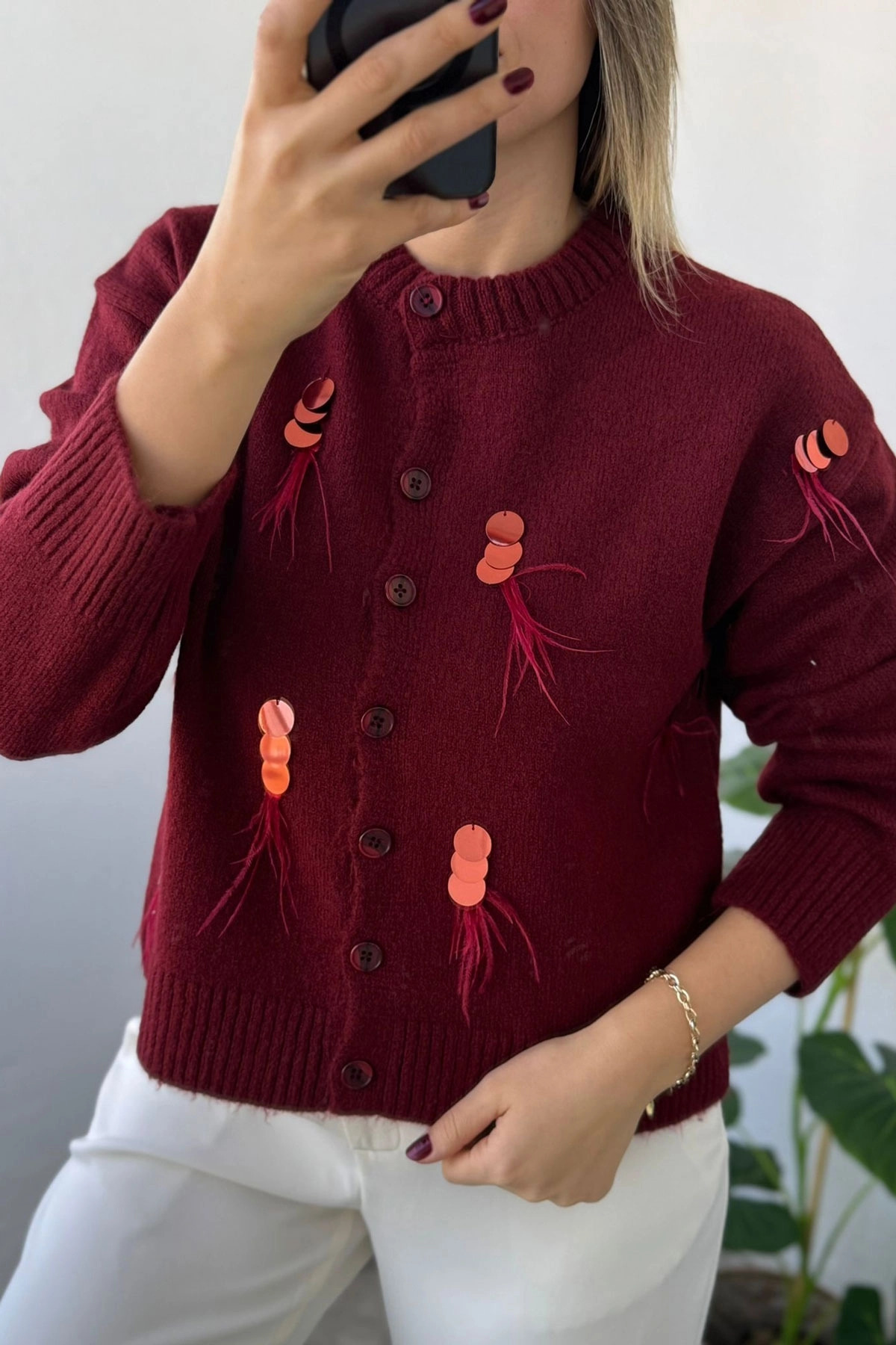 Bisiklet Yaka Pul Desen Bordo Hırka