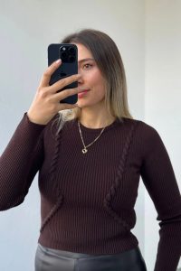 Örgü Detay Bisiklet Yaka Kahverengi Kazak