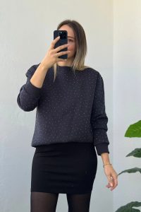Taş İşlemeli Balon Kol Bisiklet Yaka Lacivert Sweatshirt