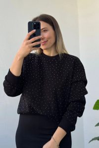 Taş İşlemeli Balon Kol Bisiklet Yaka Siyah Sweatshirt