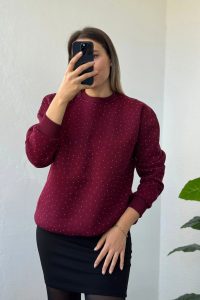 Taş İşlemeli Balon Kol Bisiklet Yaka Bordo Sweatshirt