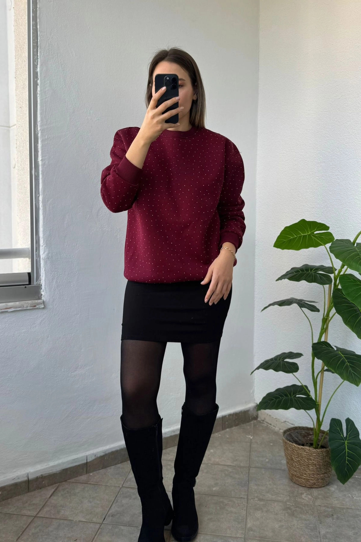 Taş İşlemeli Balon Kol Bisiklet Yaka Bordo Sweatshirt