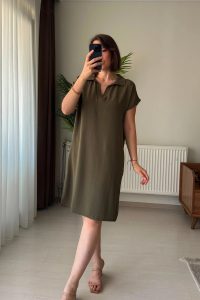 Polo Yaka Rahat Kesim Kısa Kol Dökümlü Haki Elbise