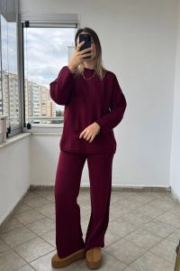 Bisiklet Yaka Rahat Kesim Bordo Triko Takım