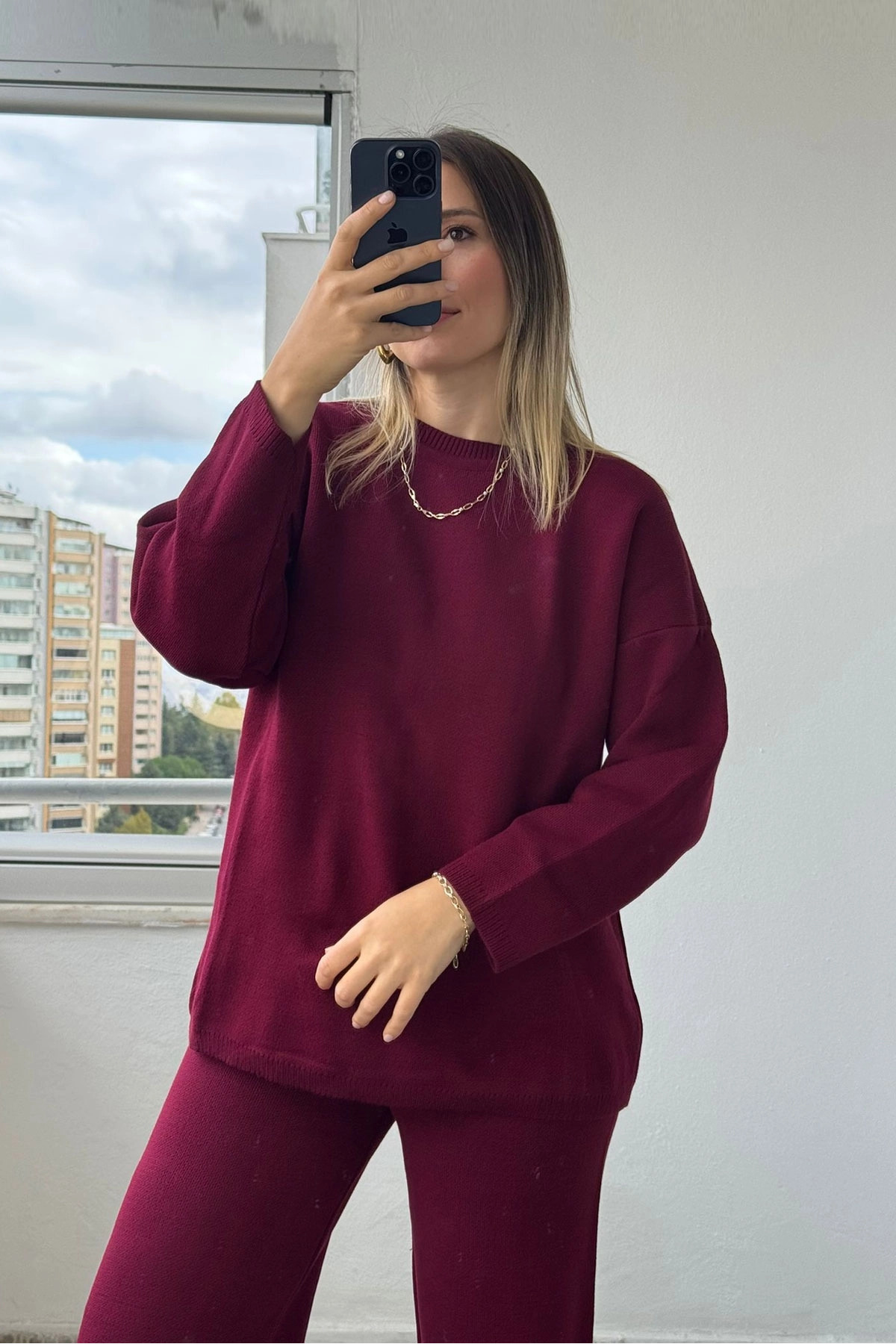 Bisiklet Yaka Rahat Kesim Bordo Triko Takım
