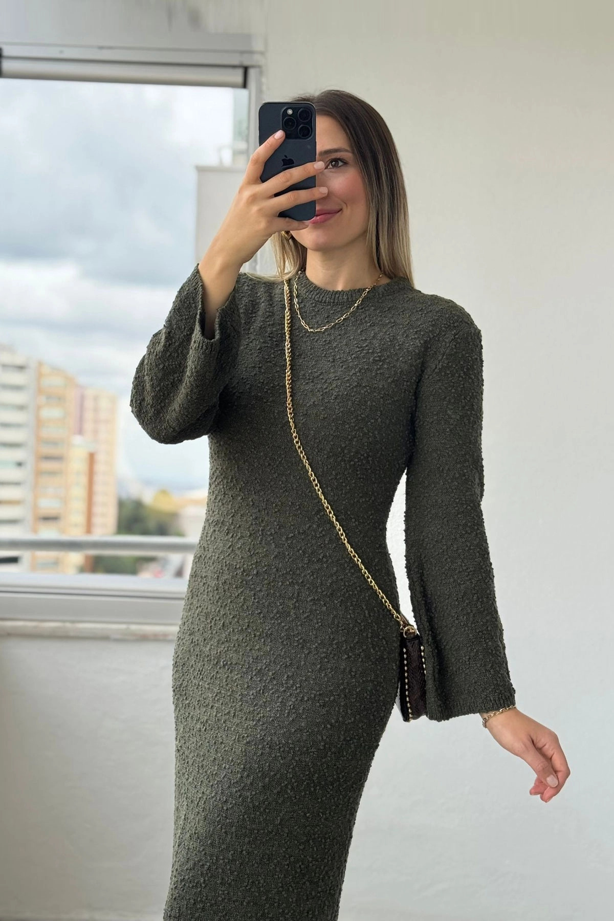 Bisiklet Yaka Dokulu Gri Uzun Triko Elbise
