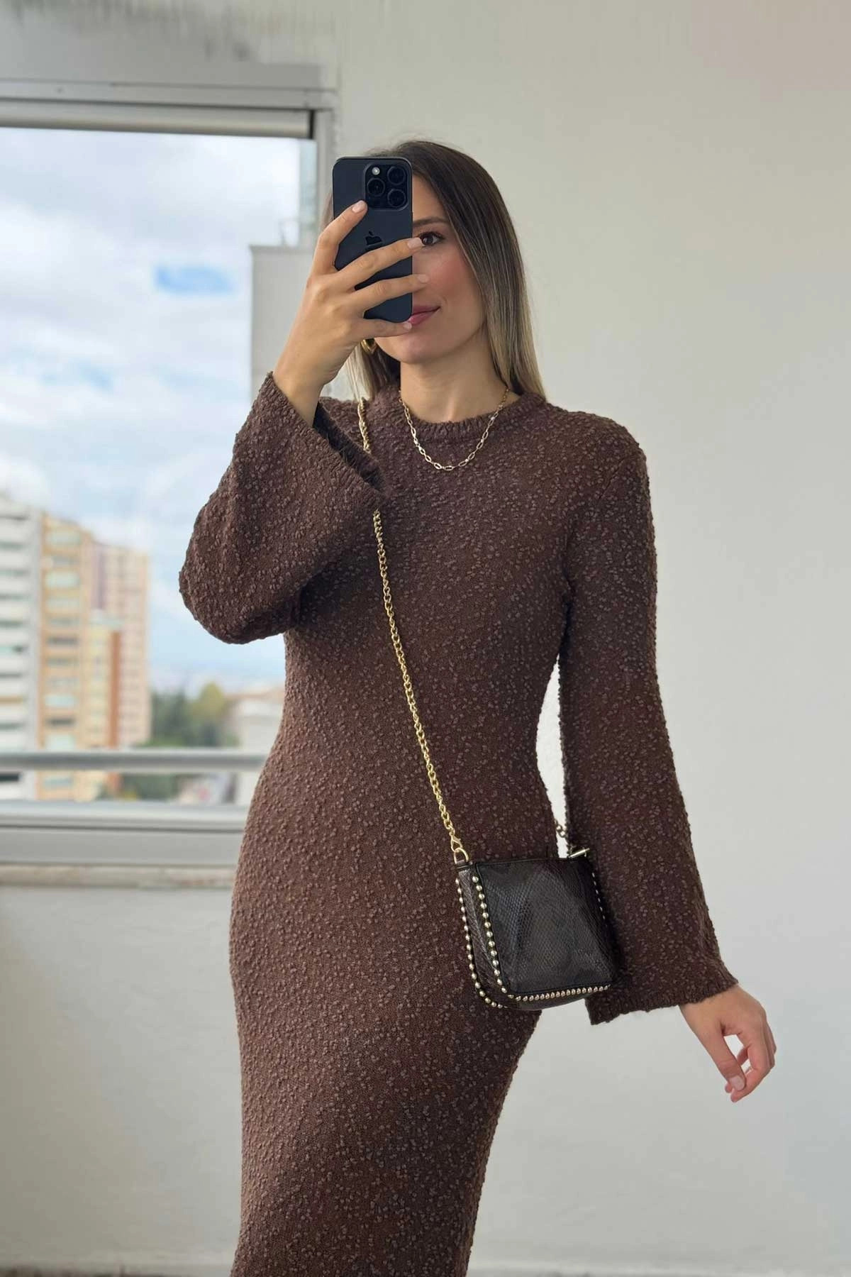 Bisiklet Yaka Dokulu Kahve Uzun Triko Elbise