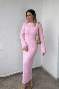 Bisiklet Yaka Dokulu Pembe Uzun Triko Elbise
