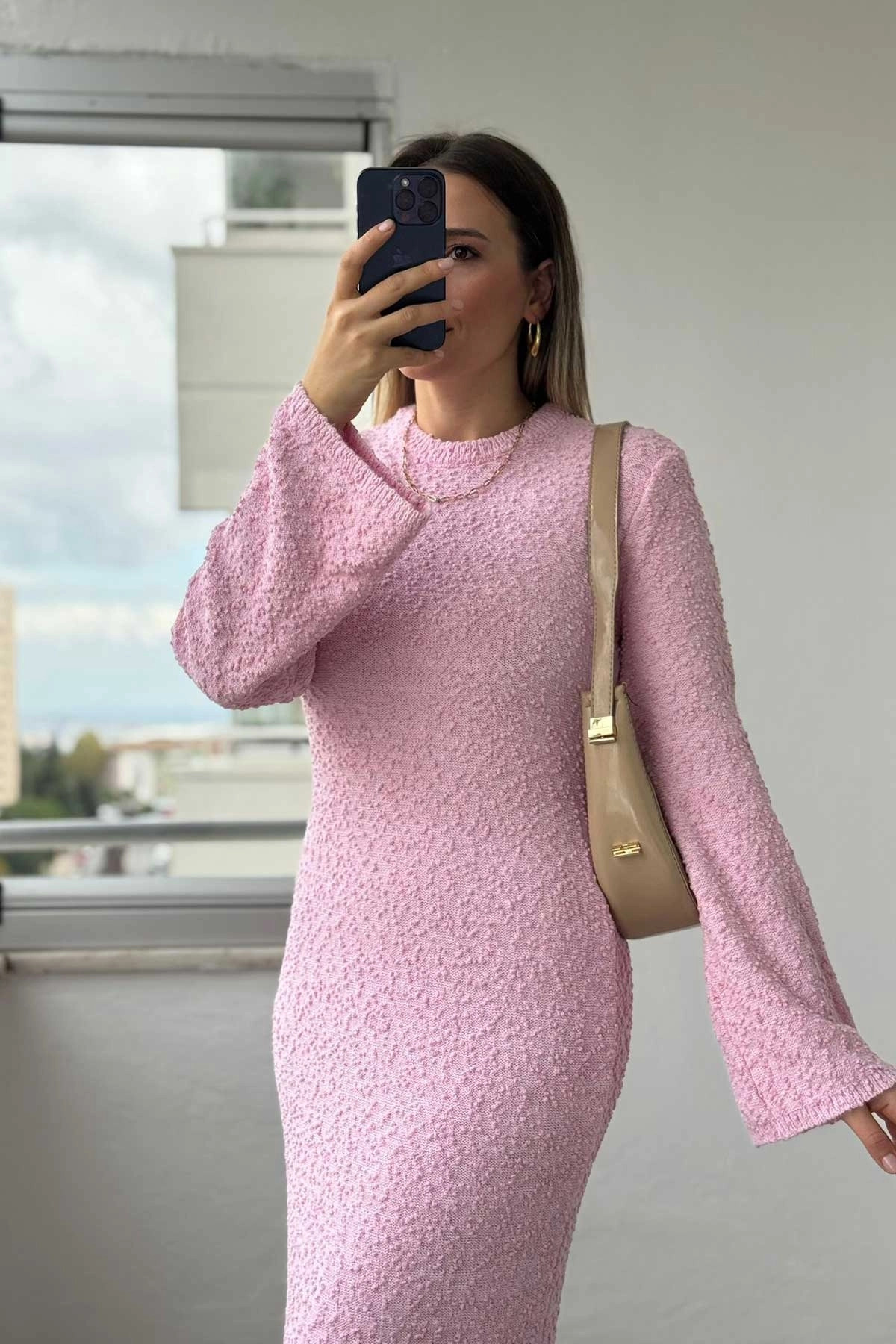 Bisiklet Yaka Dokulu Pembe Uzun Triko Elbise