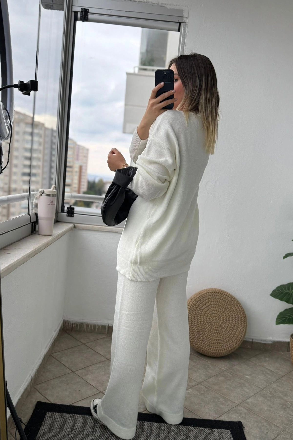 Ön Bağlamalı Ekru Triko Kimono Takım