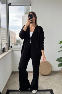 Ön Bağlamalı Siyah Triko Kimono Takım
