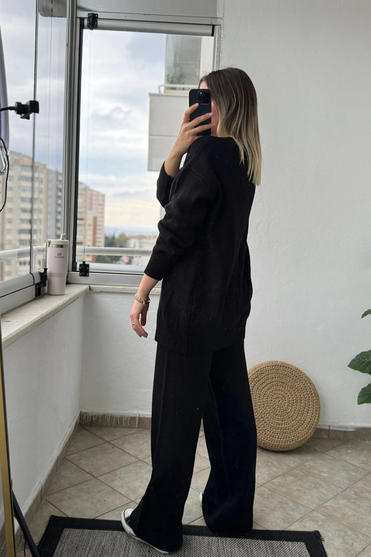 Ön Bağlamalı Siyah Triko Kimono Takım