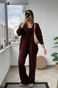 Ön Bağlamalı Kahve Triko Kimono Takım