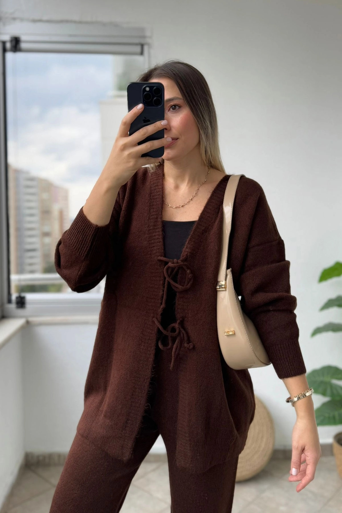 Ön Bağlamalı Kahve Triko Kimono Takım