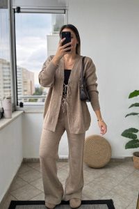Ön Bağlamalı Vizon Triko Kimono Takım