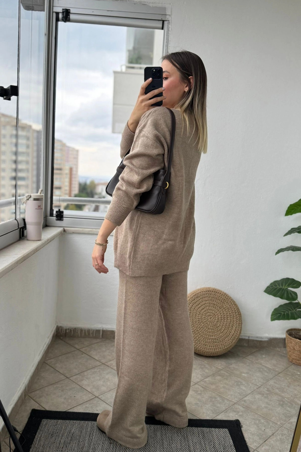 Ön Bağlamalı Vizon Triko Kimono Takım