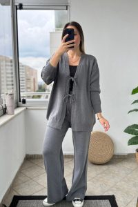 Ön Bağlamalı Gri Triko Kimono Takım