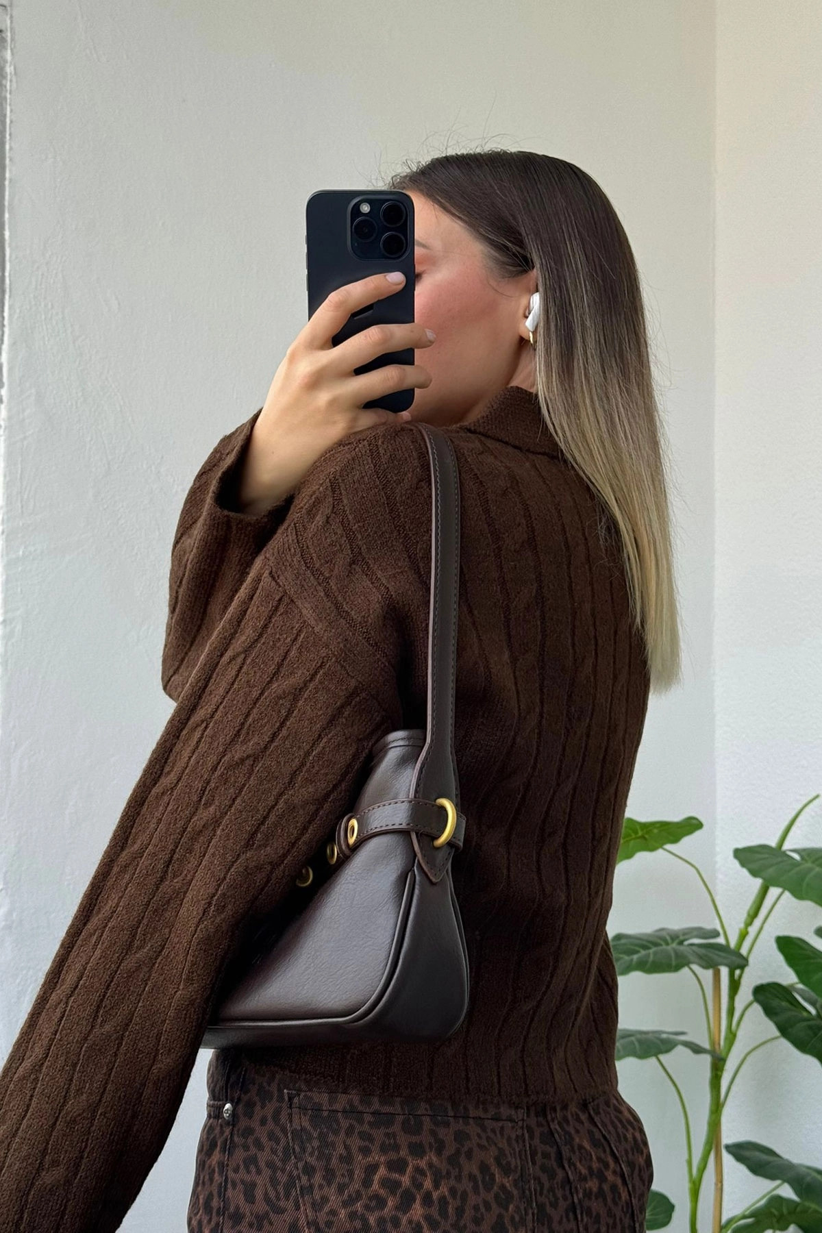 Polo Yaka Örgü Desen Kahve Kazak