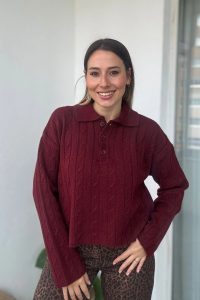 Polo Yaka Örgü Desen Bordo Kazak