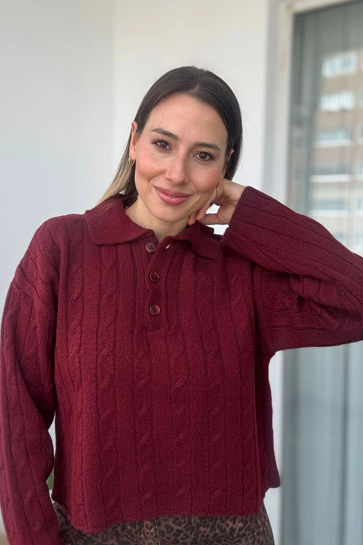 Polo Yaka Örgü Desen Bordo Kazak