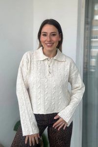 Polo Yaka Örgü Desen Ekru Kazak