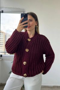 Kalın Örgü Bisiklet Yaka Bordo Yün Hırka