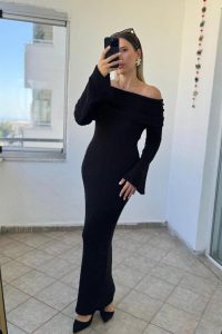 Madonna Yaka İspanyol Kol Triko Siyah Pamuk Elbise