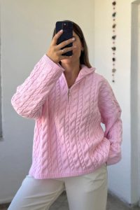 Fermuarlı Örgü Desen Rahat Kesim Pembe Kazak