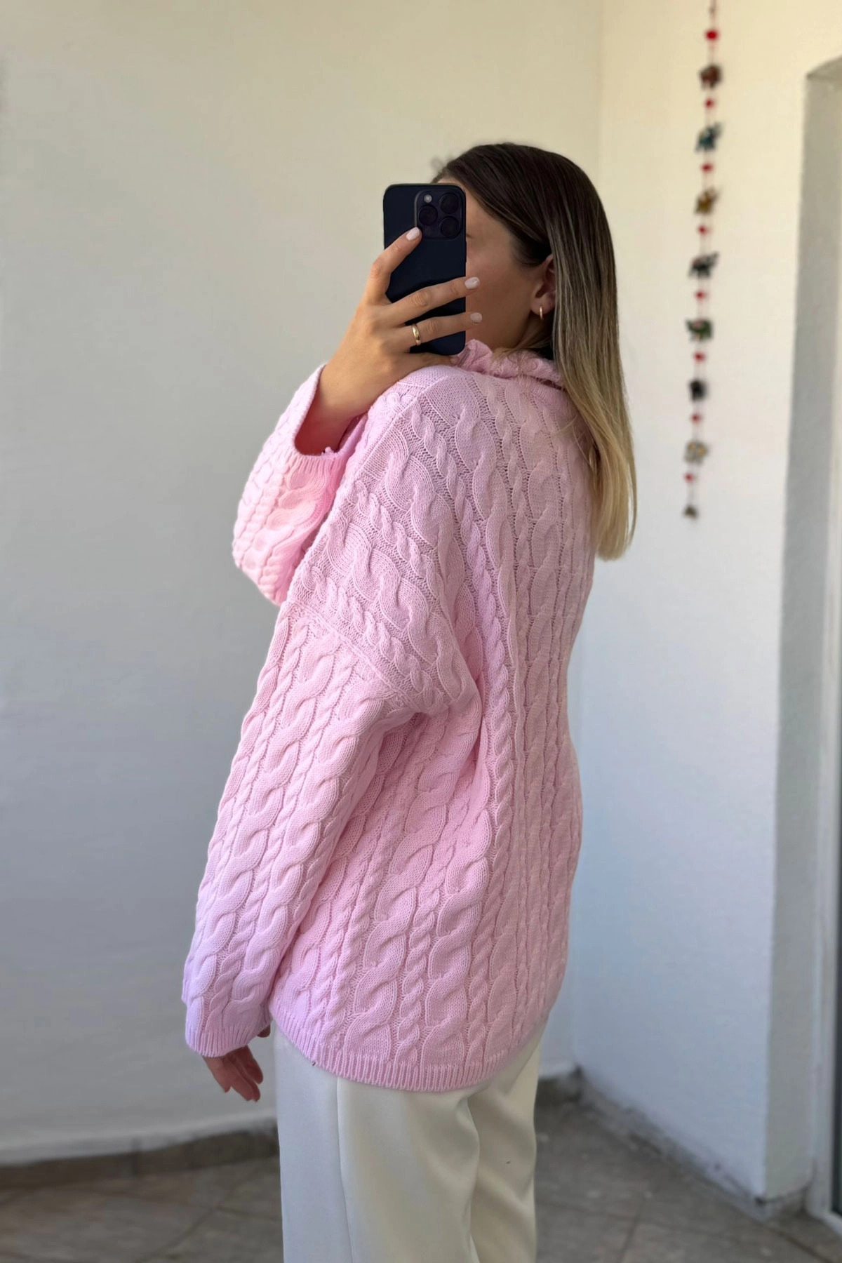 Fermuarlı Örgü Desen Rahat Kesim Pembe Kazak