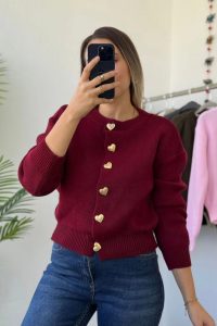 Kalp Düğme Detaylı Bisiklet Yaka Bordo Hırka