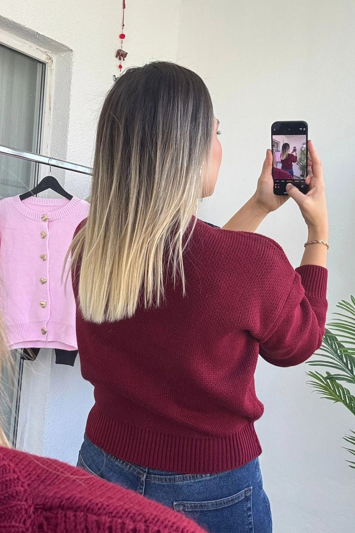 Kalp Düğme Detaylı Bisiklet Yaka Bordo Hırka