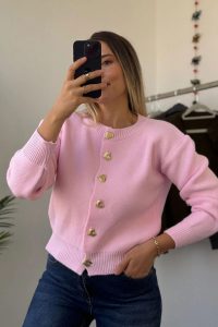 Kalp Düğme Detaylı Bisiklet Yaka Pembe Hırka