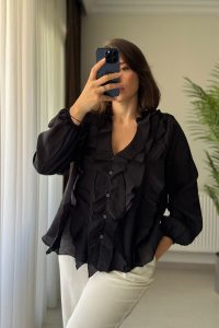 V Yaka Organik Kumaş Siyah Transparan Kadın Bluz