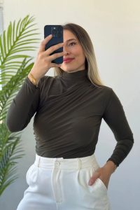 Yarım Balıkçı Bel Büzgülü Haki Uzun Kol Bluz