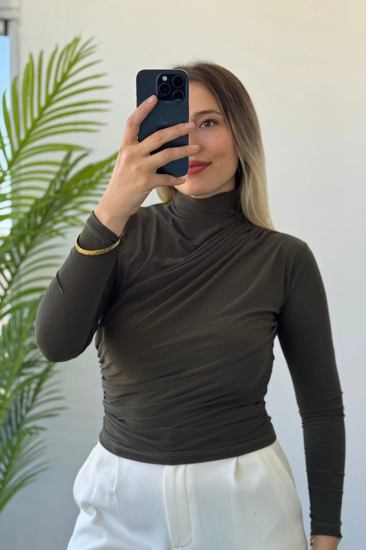 Yarım Balıkçı Bel Büzgülü Haki Uzun Kol Bluz