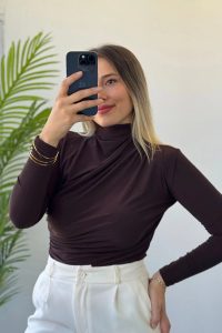 Yarım Balıkçı Bel Büzgülü Kahve Uzun Kol Bluz