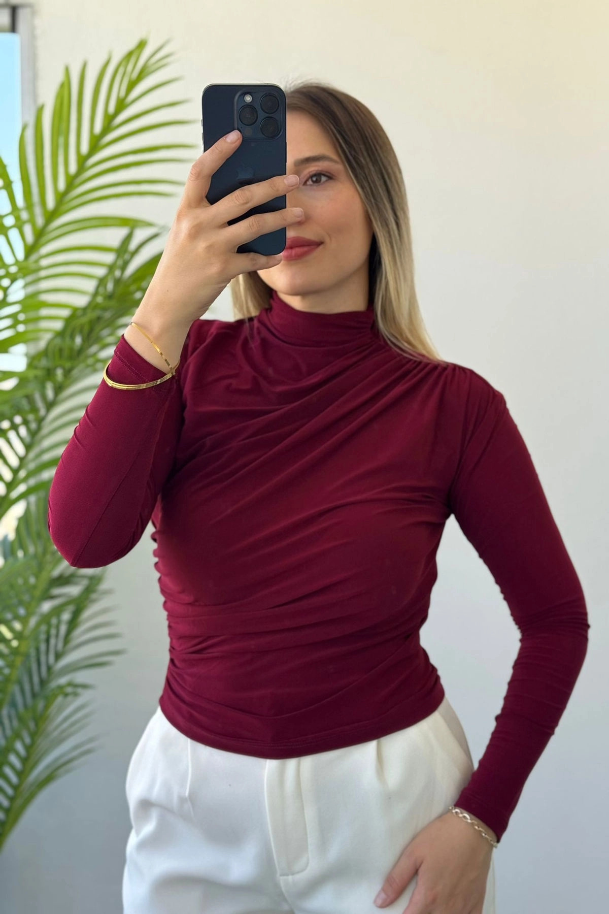 Yarım Balıkçı Bel Büzgülü Bordo Uzun Kol Bluz