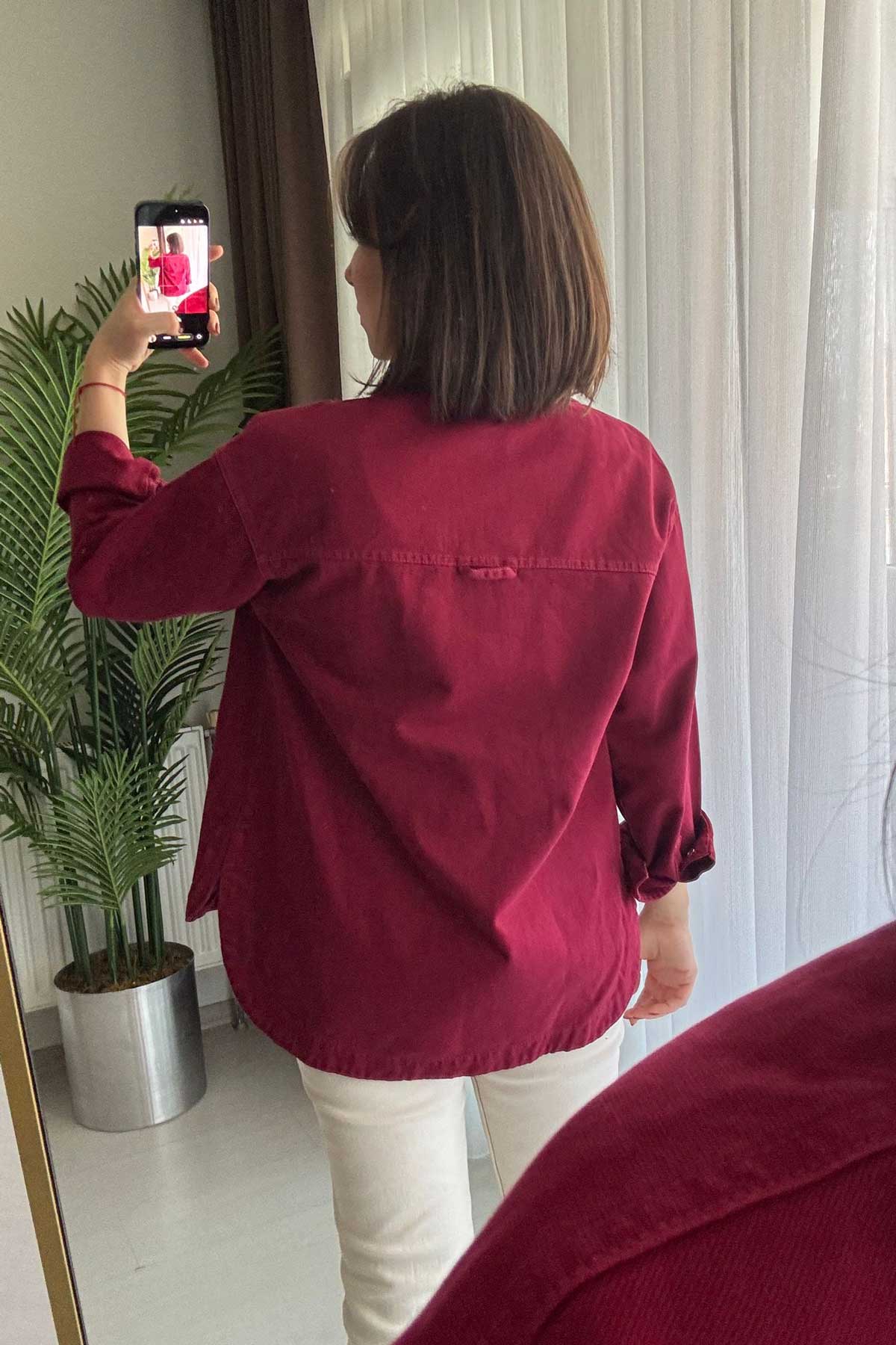 Çift Cep Çıtçıtlı Oversize Bordo Gabardin Ceket