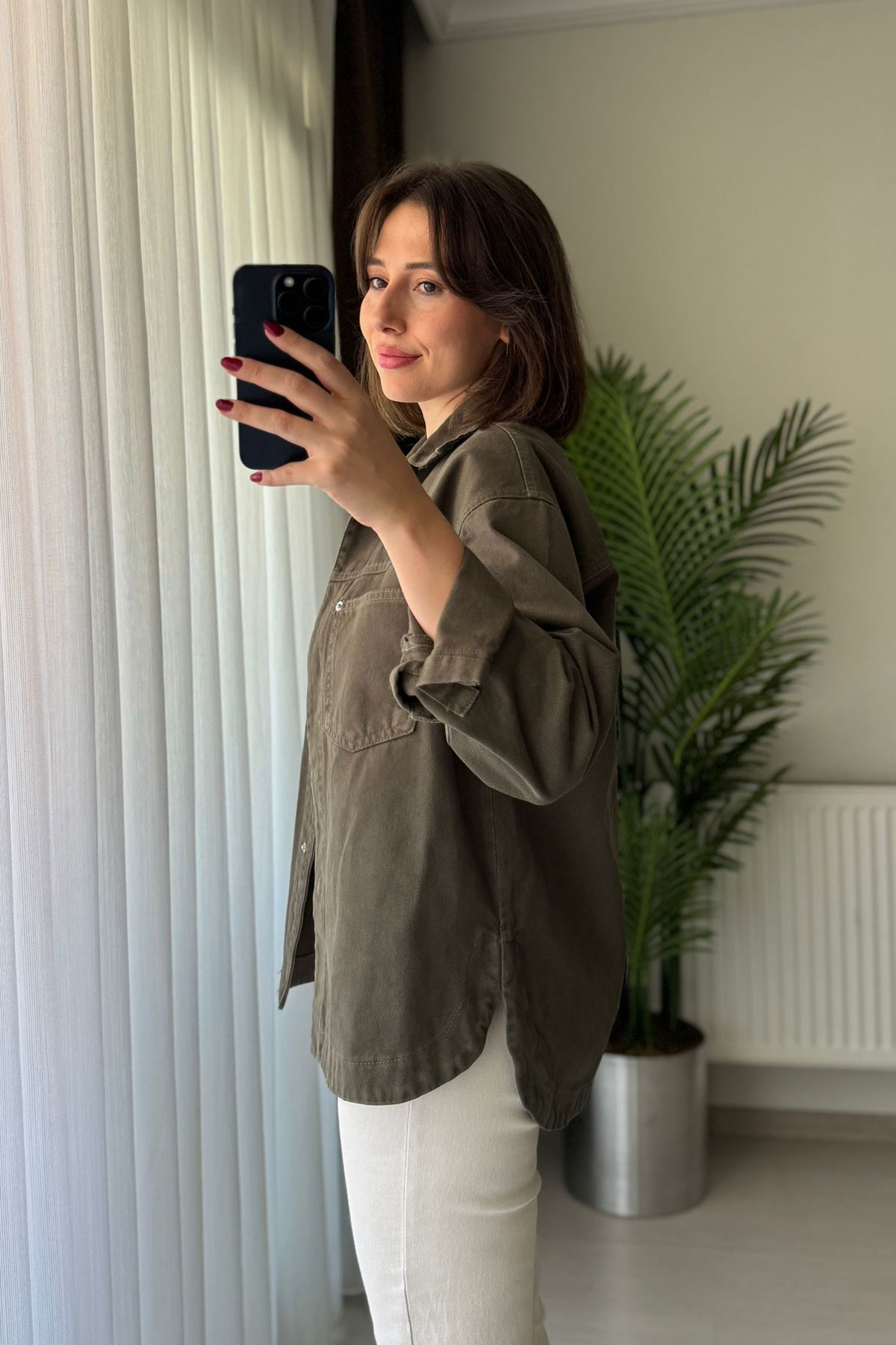 Çift Cep Çıtçıtlı Oversize Haki Gabardin Ceket