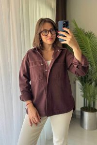 Çift Cep Çıtçıtlı Oversize Kahverengi Gabardin Ceket