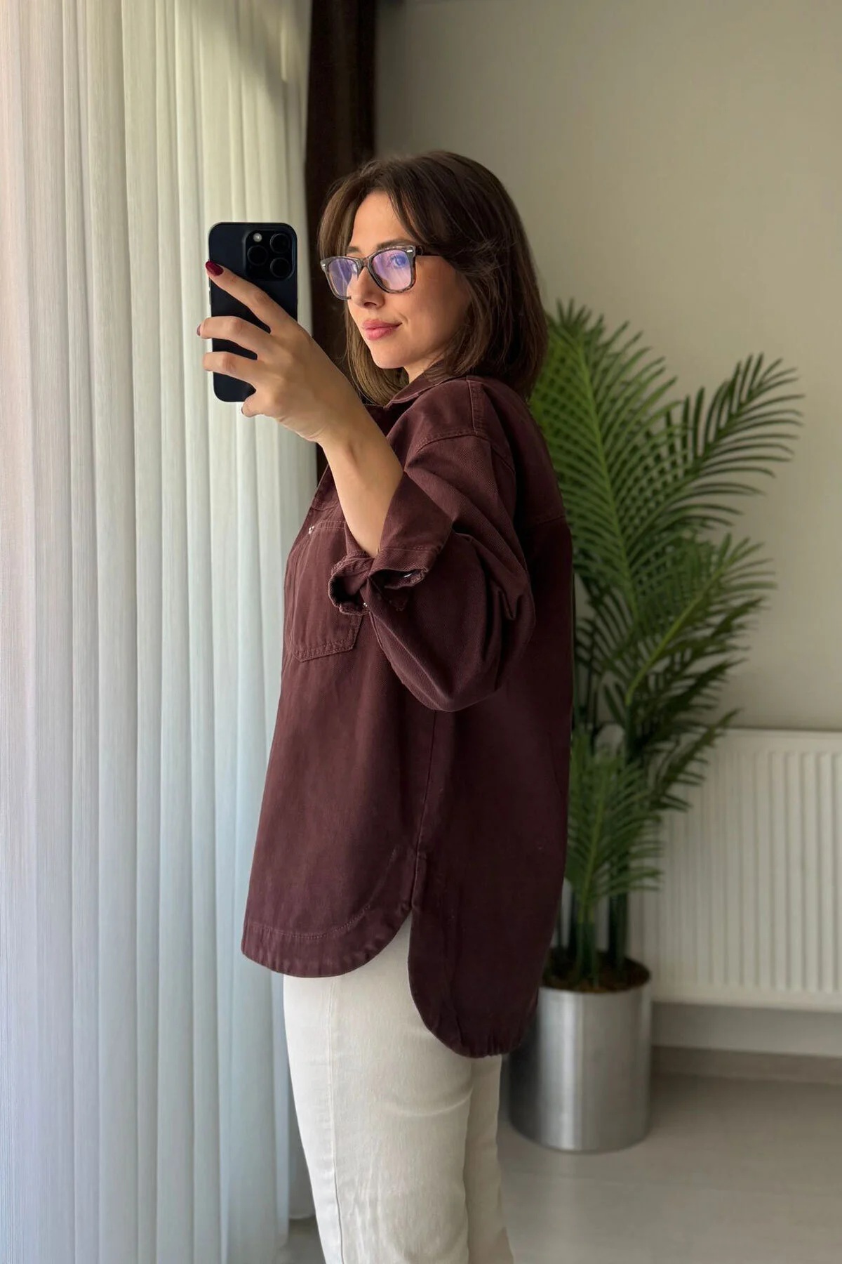 Çift Cep Çıtçıtlı Oversize Kahverengi Gabardin Ceket