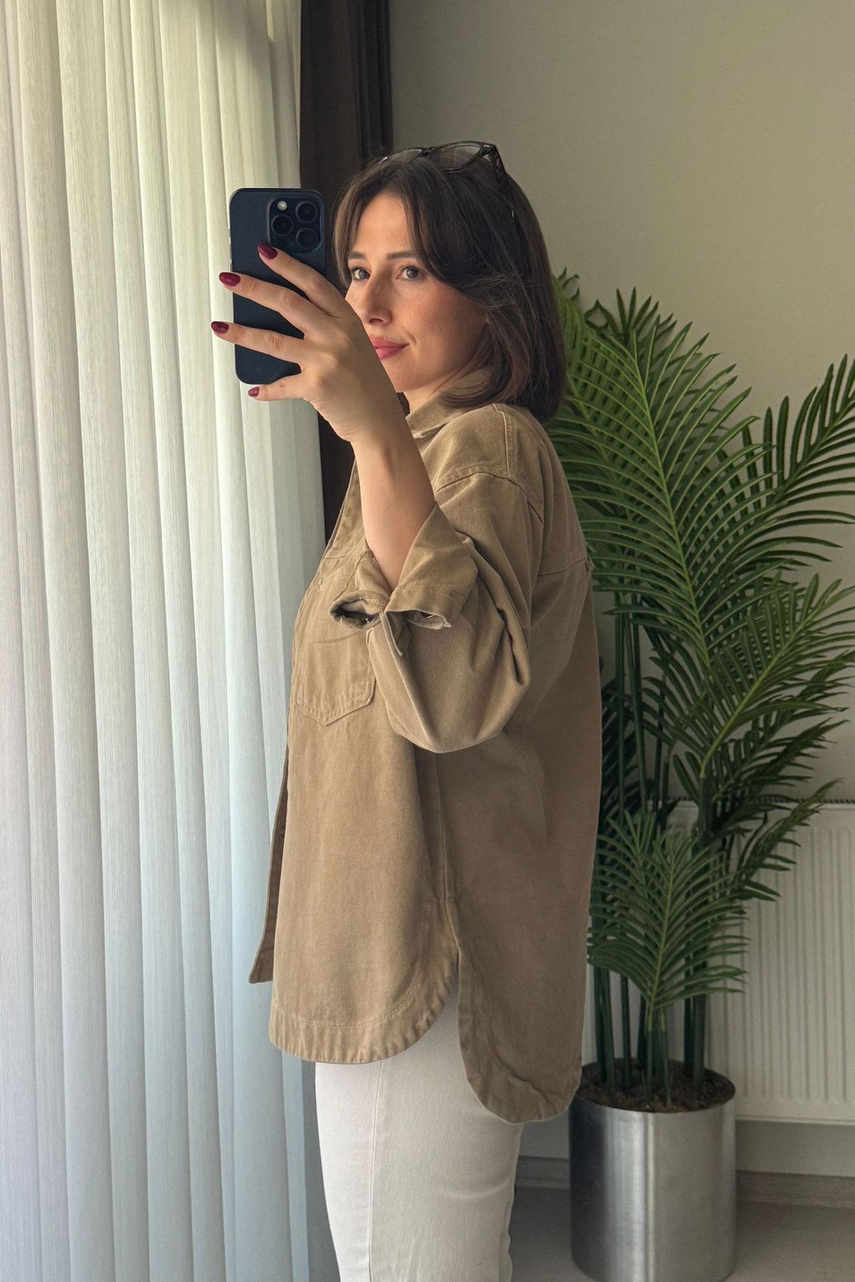 Çift Cep Çıtçıtlı Oversize Vizon Gabardin Ceket