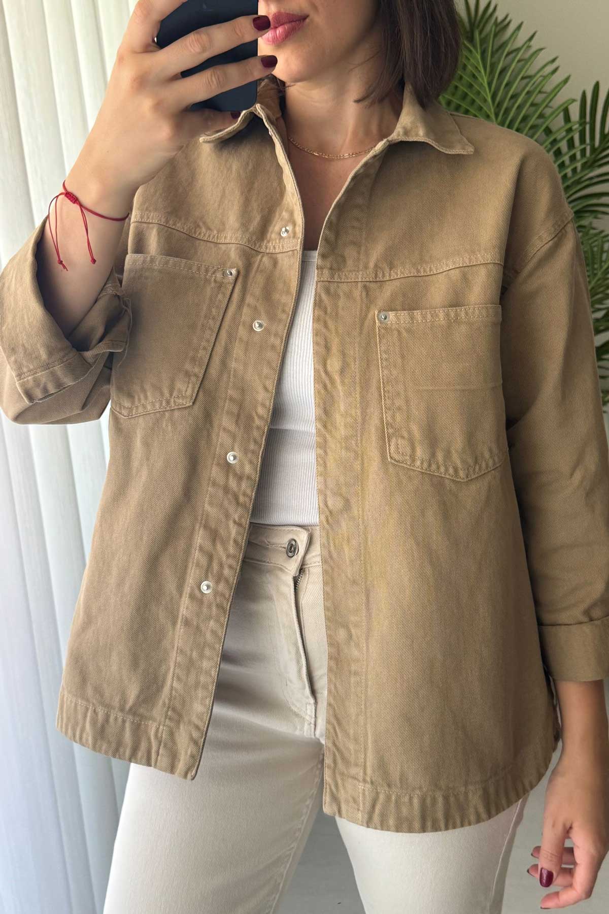 Çift Cep Çıtçıtlı Oversize Vizon Gabardin Ceket - Görsel 3